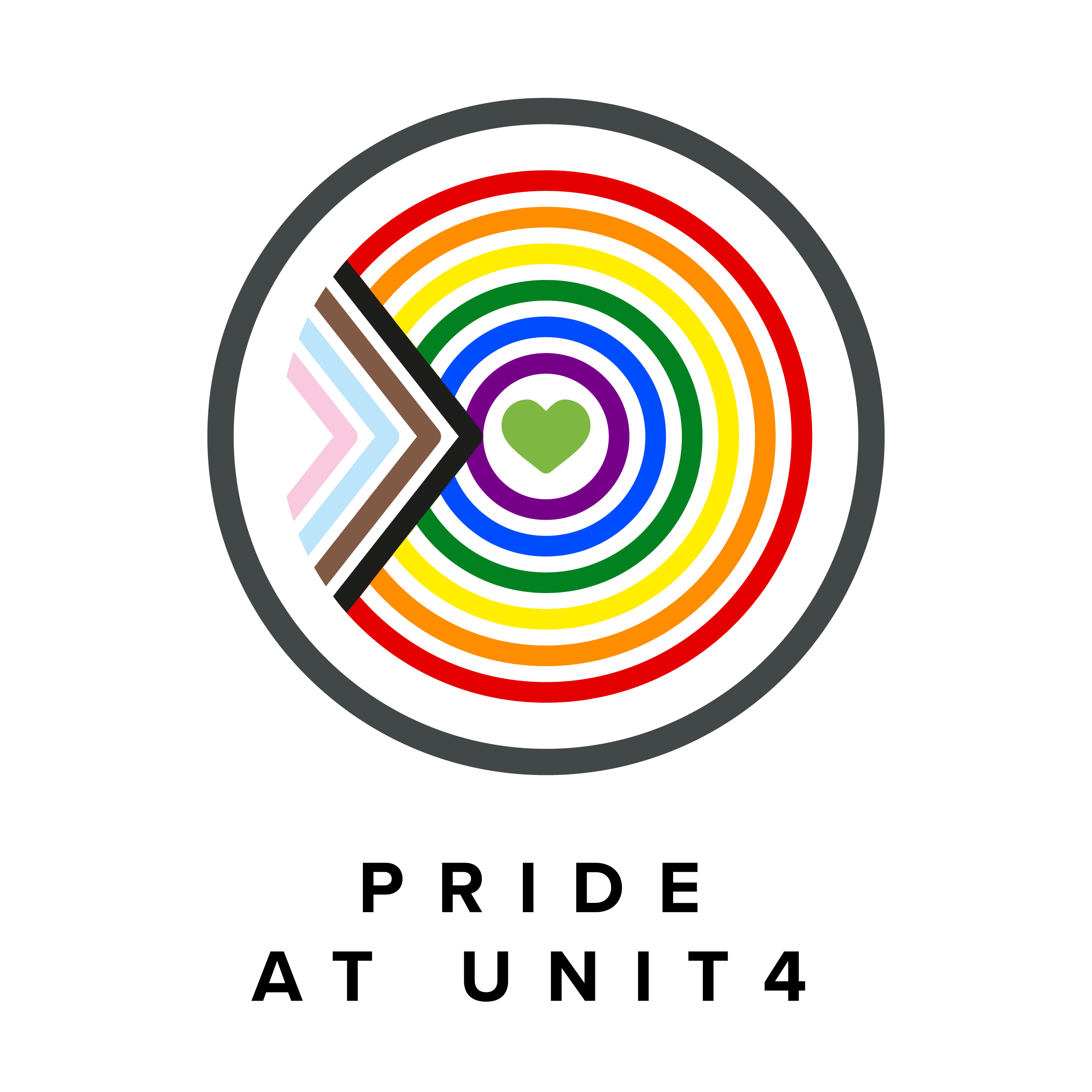 Unit4 Pride Logo. Green heart surrounded by rainbow circles