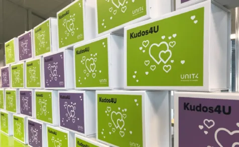 A wall made of all thr Kudos4u boxes that were sent out to staff